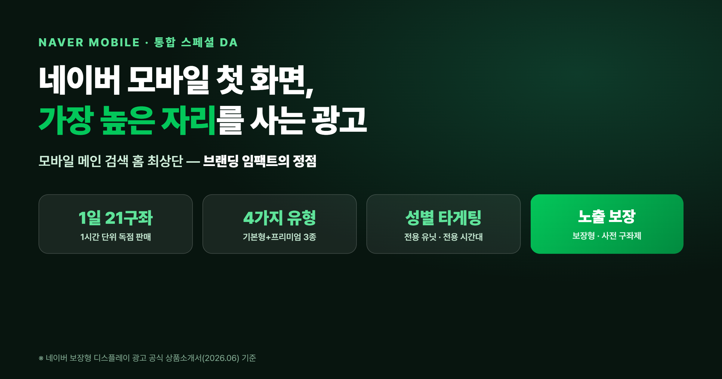 네이버 통합 스페셜 DA - 모바일 메인 검색홈 최상단, 1일 21구좌 1시간 단위, 4가지 유형, 성별 타게팅, 보장형 노출