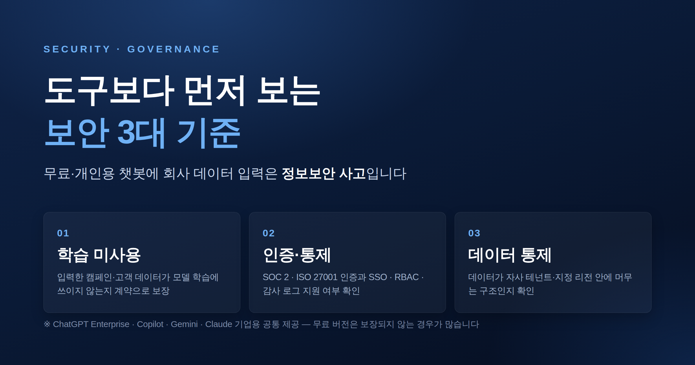 엔터프라이즈 AI 보안 3대 기준 - 데이터 학습 미사용, SOC2 ISO SSO RBAC 인증 통제, 데이터 테넌트 유지, 감사 로그