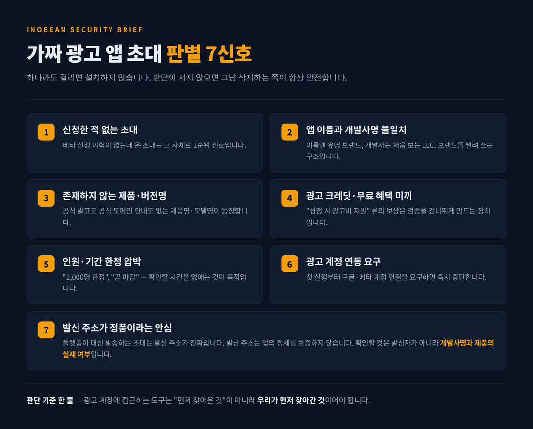 가짜 광고 앱 초대 판별 7신호 인포그래픽
